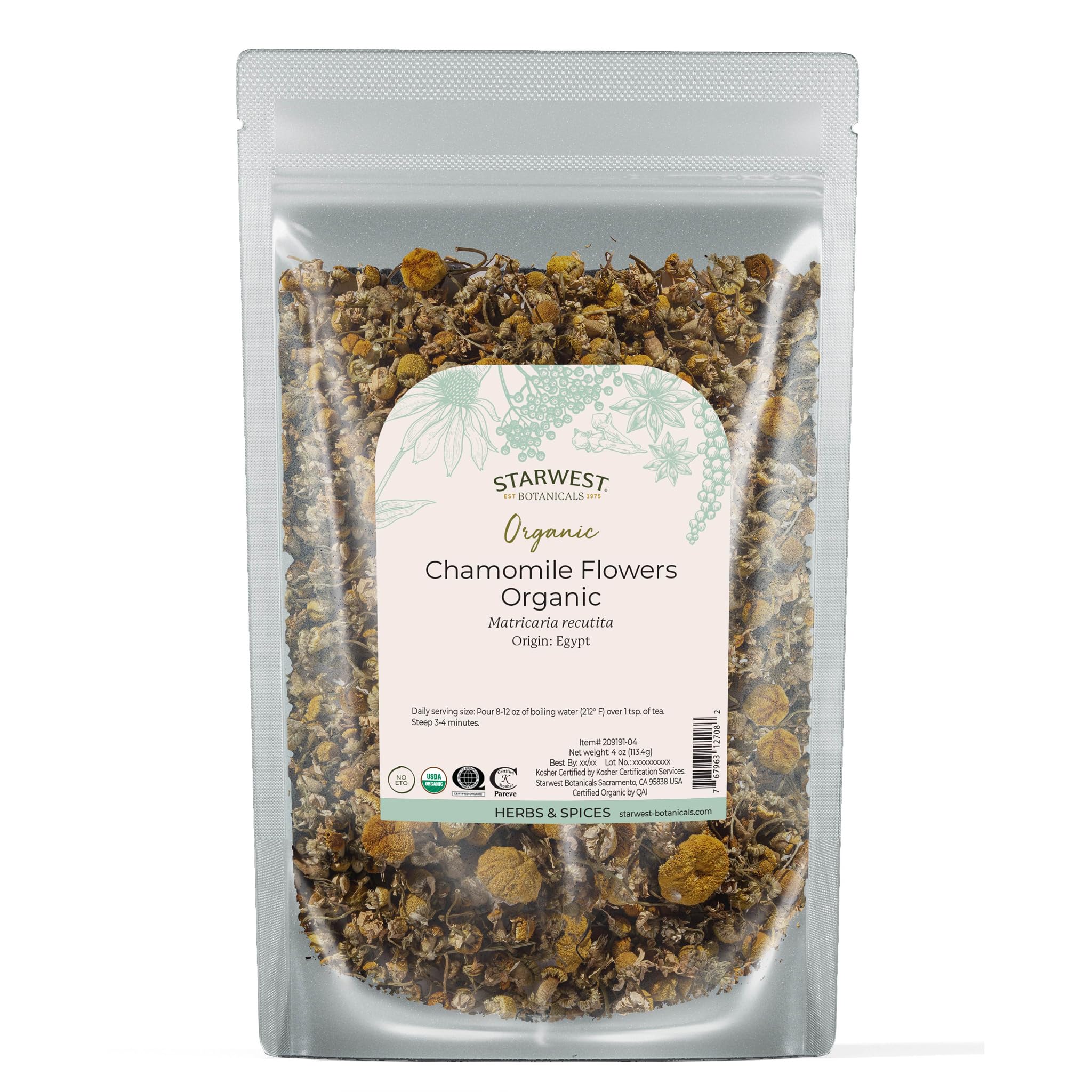 Starwest Botanicals chamomile flowers in a resealable pouch for tea and aromatherapy.