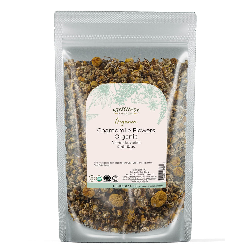 Starwest Botanicals chamomile flowers in a resealable pouch for tea and aromatherapy.