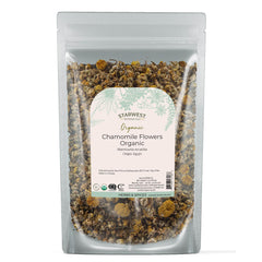 Starwest Botanicals chamomile flowers in a resealable pouch for tea and aromatherapy.