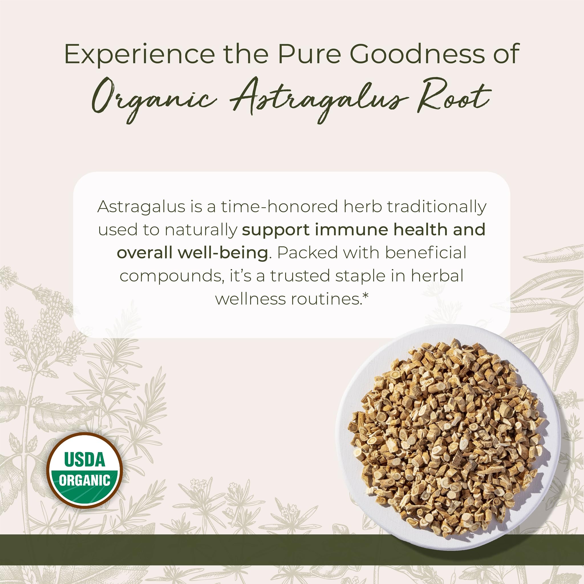 Organic dried astragalus root cut by Starwest for decoctions and tea blends.