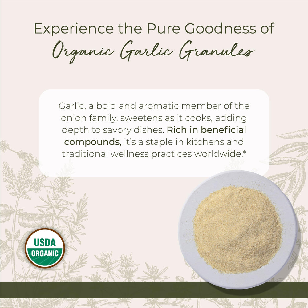 Starwest Botanicals organic garlic granules closeup, rich aroma enhances breads and sauces.