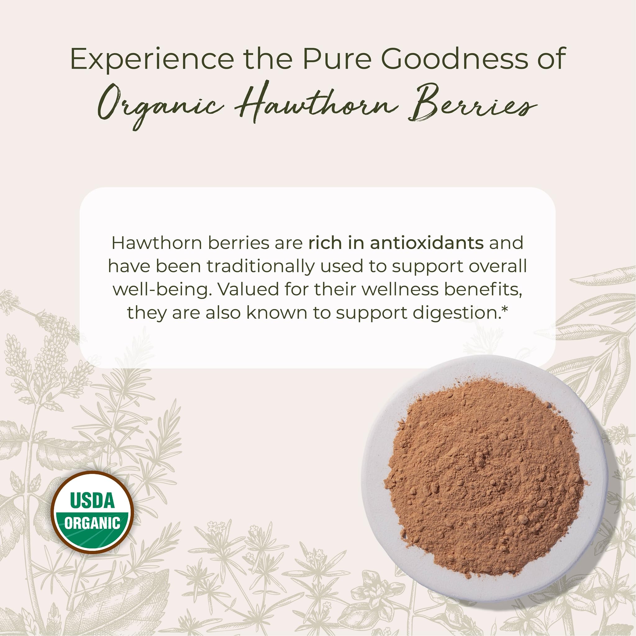 Starwest Botanicals Organic Hawthorn Berry Powder with scoop, ready for smoothies.