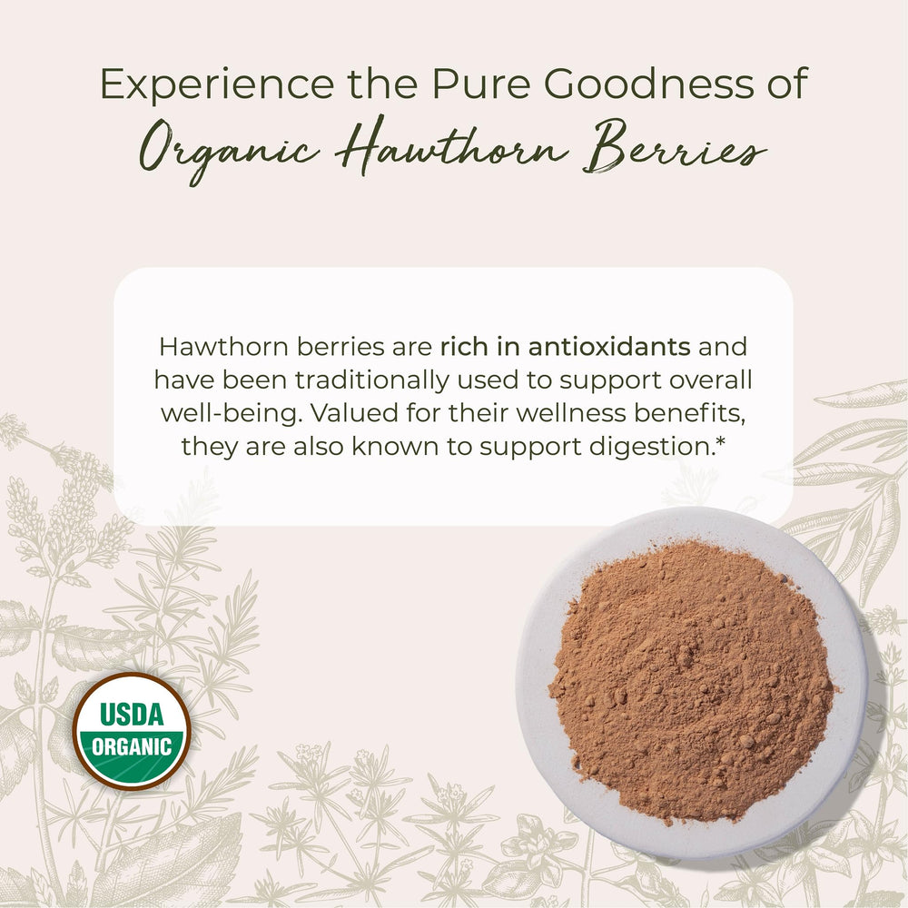 Starwest Botanicals Organic Hawthorn Berry Powder with scoop, ready for smoothies.