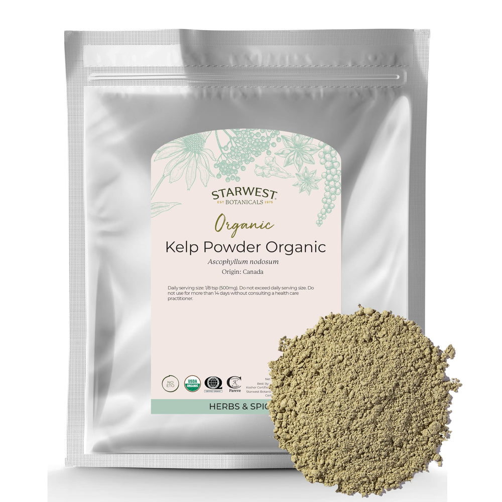 Starwest Botanicals Organic Kelp Powder bag on shelf for versatile seasoning.