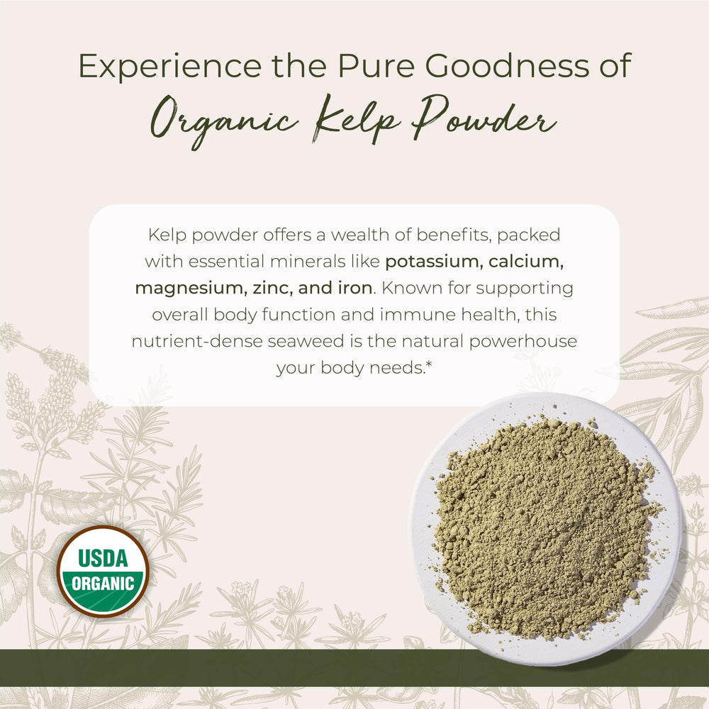 Starwest Botanicals Organic Kelp Powder scoop beside bag for easy portioning.