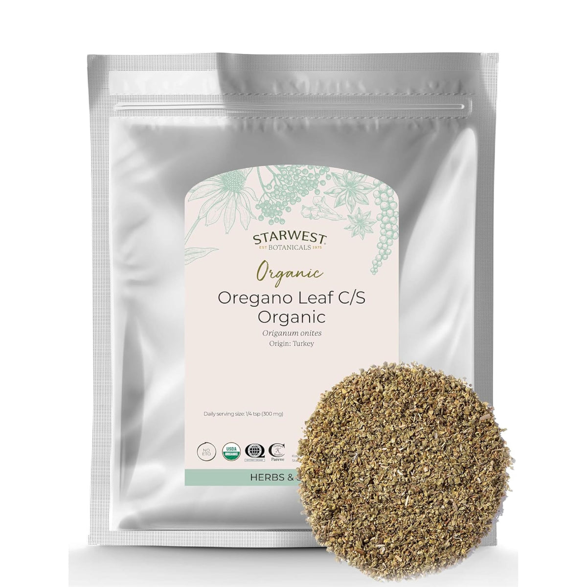 Starwest Botanicals Organic oregano leaf dried bulk bag enhances Italian, Greek, and Mexican dishes.