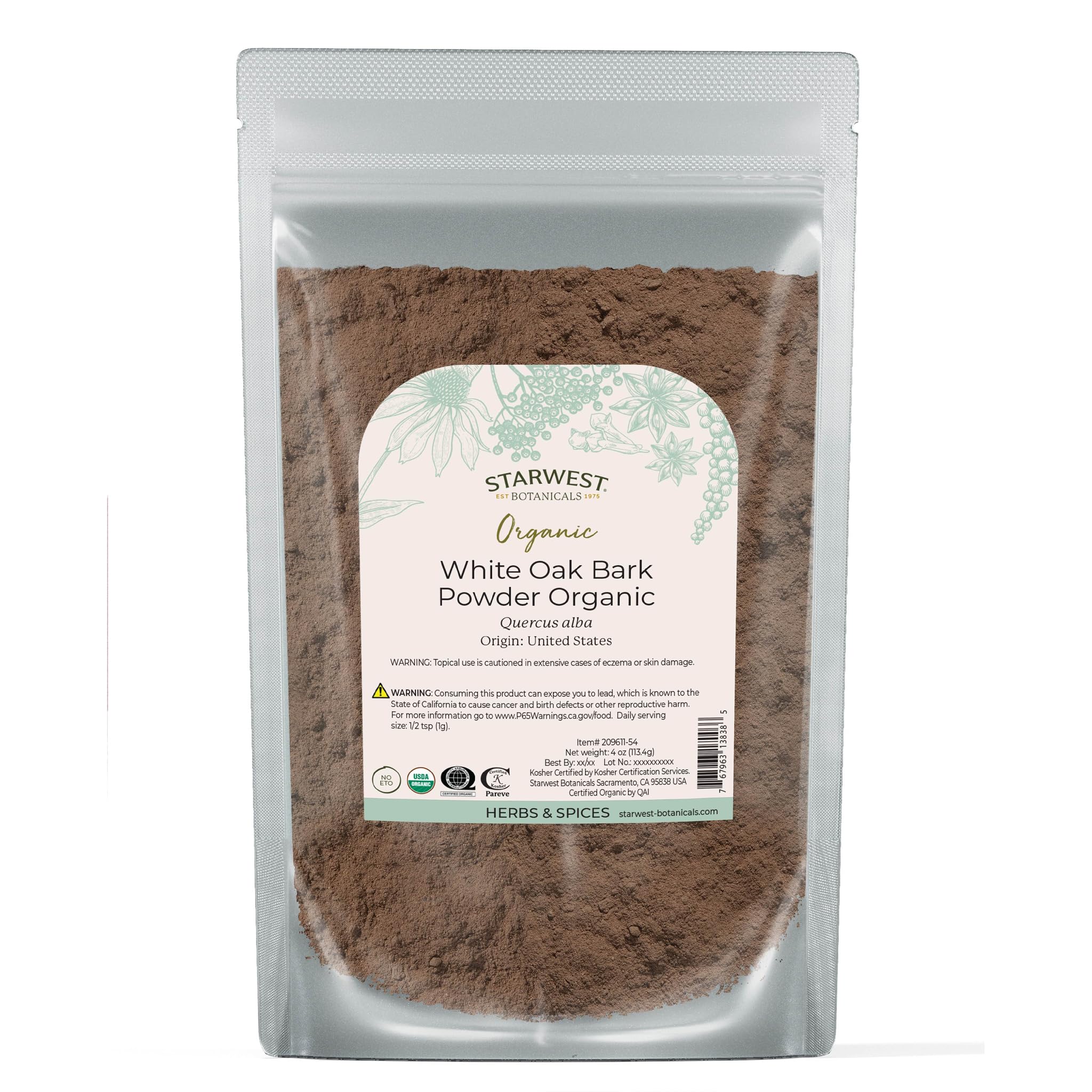 Starwest Botanicals white oak bark powder packaging in a 4 oz pouch for easy storage