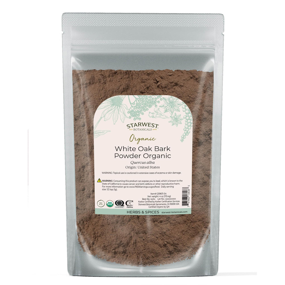 Starwest Botanicals white oak bark powder packaging in a 4 oz pouch for easy storage