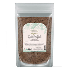 Starwest Botanicals white oak bark powder packaging in a 4 oz pouch for easy storage