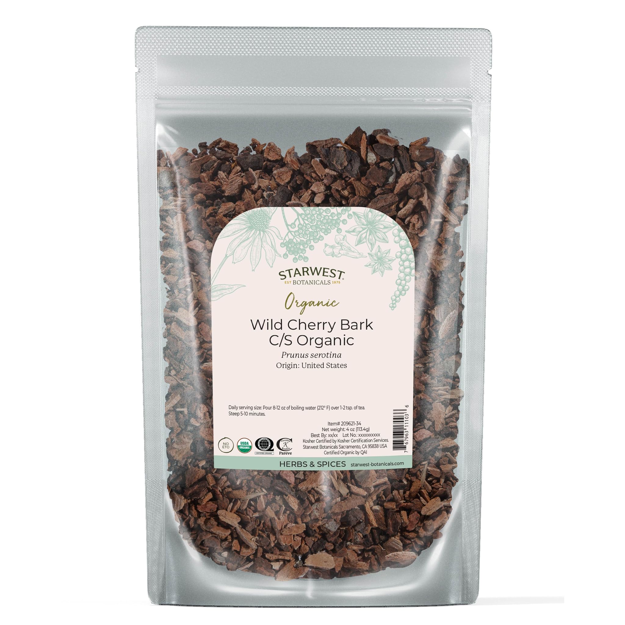 Starwest Botanicals Wild Cherry Bark bag showing rich aroma for blends