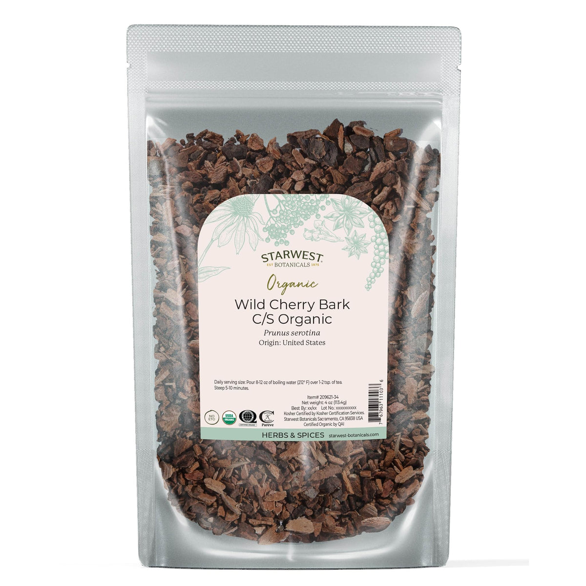 Starwest Botanicals Wild Cherry Bark bag showing rich aroma for blends