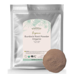 Starwest Burdock Root Powder bag showcases a versatile, antioxidant-rich ingredient for tea and cooking.