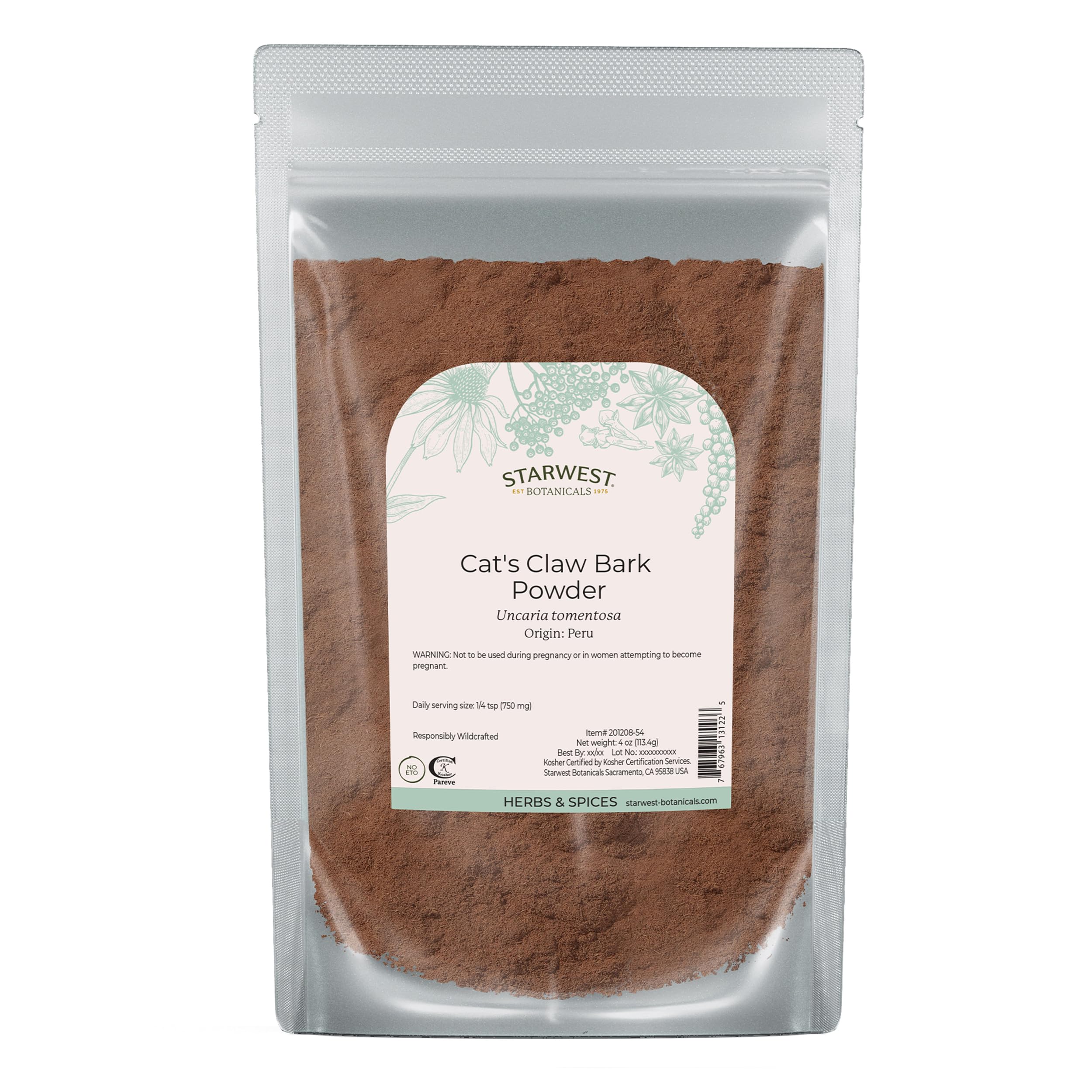 Starwest Botanicals Cat's Claw bark powder bottle, ideal for teas and herbal blends.