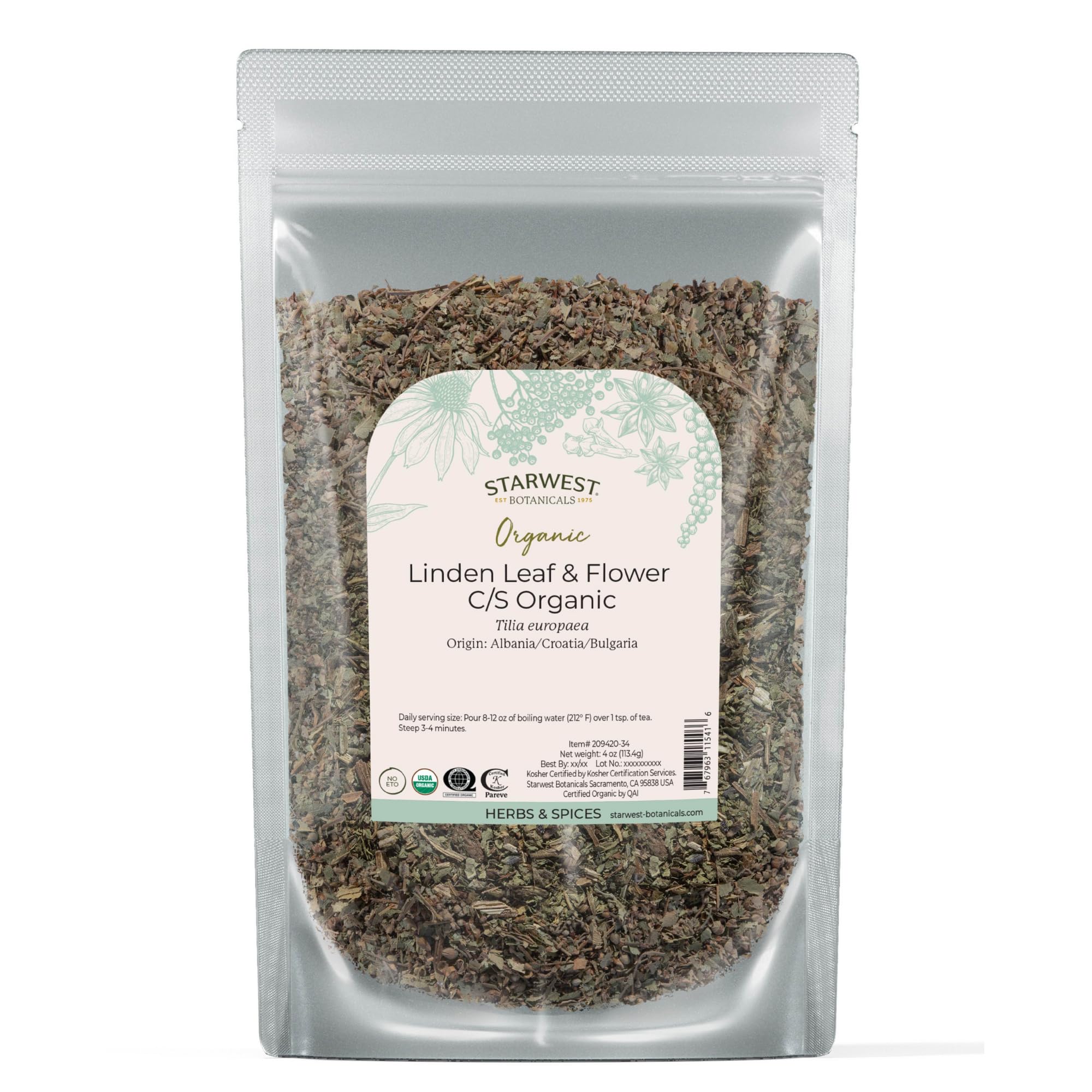 Starwest Linden leaf and flowers tea bag view for a fragrant brew