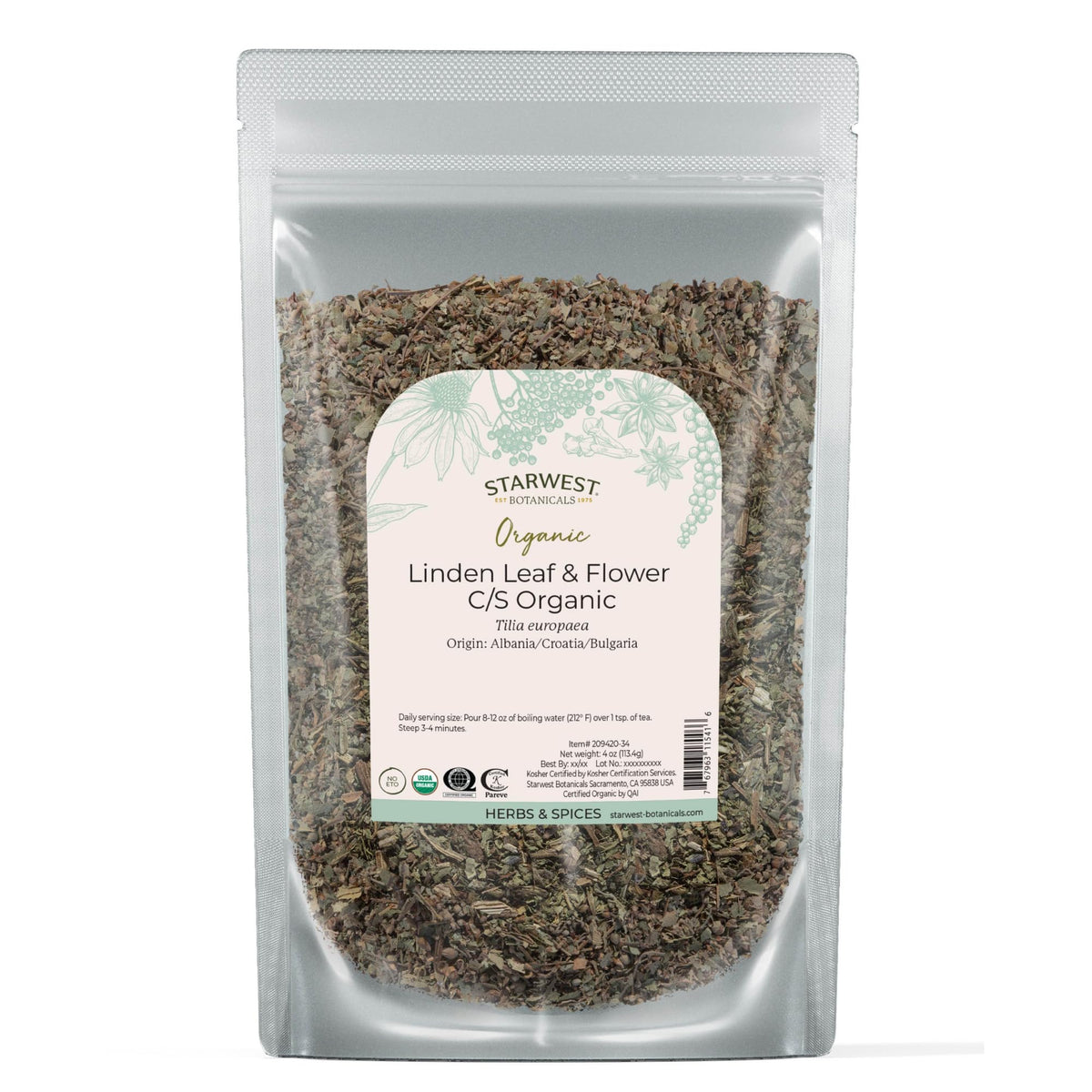 Starwest Linden leaf and flowers tea bag view for a fragrant brew
