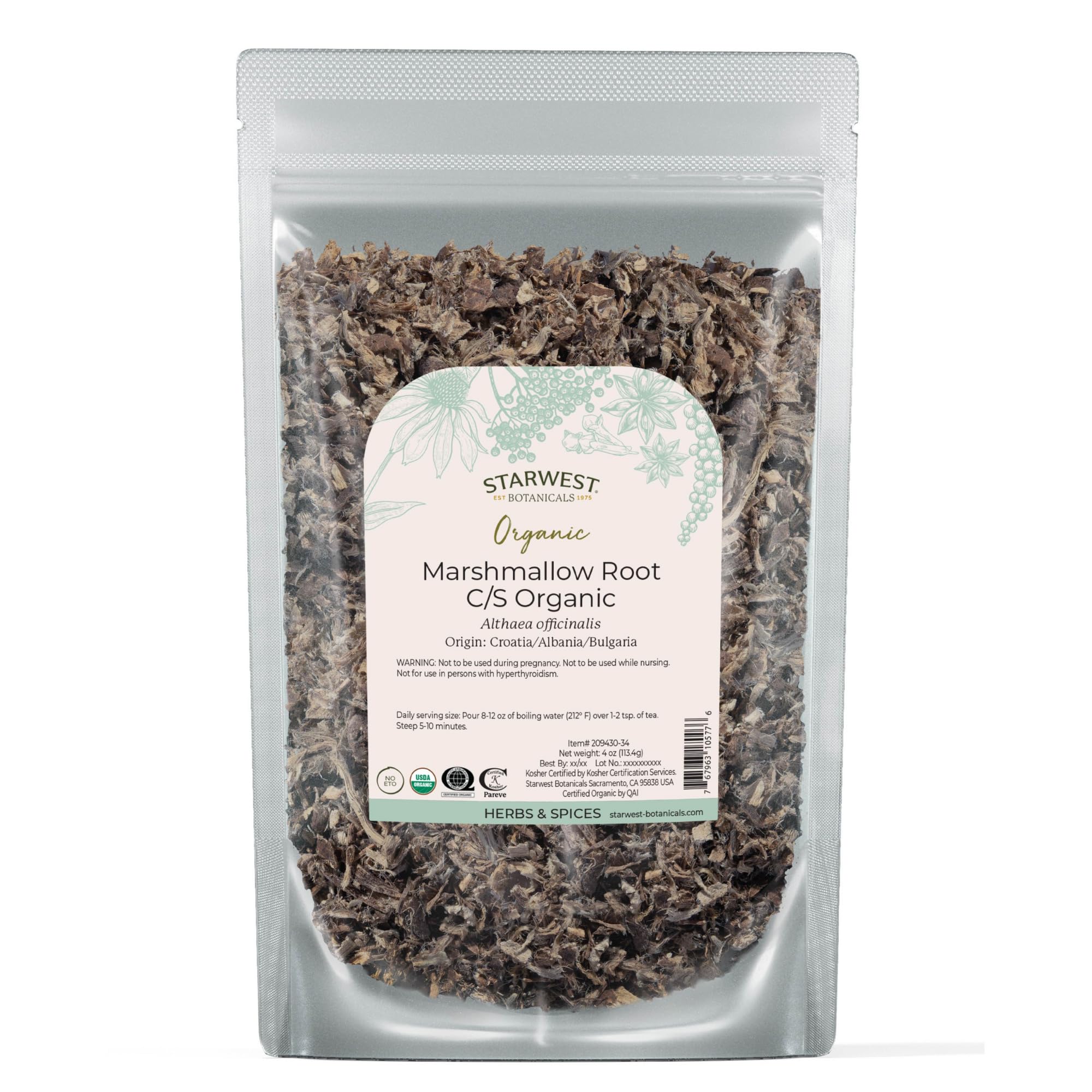 Starwest Botanicals marshmallow root cut and sifted for tea infusions.