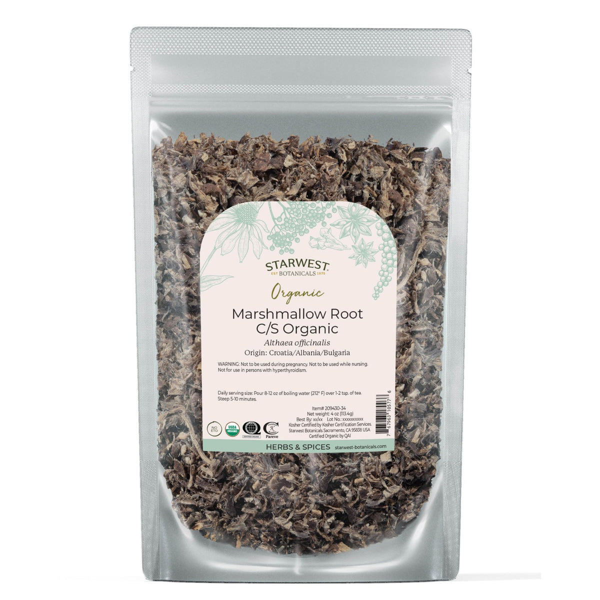 Starwest Botanicals marshmallow root cut and sifted for tea infusions.