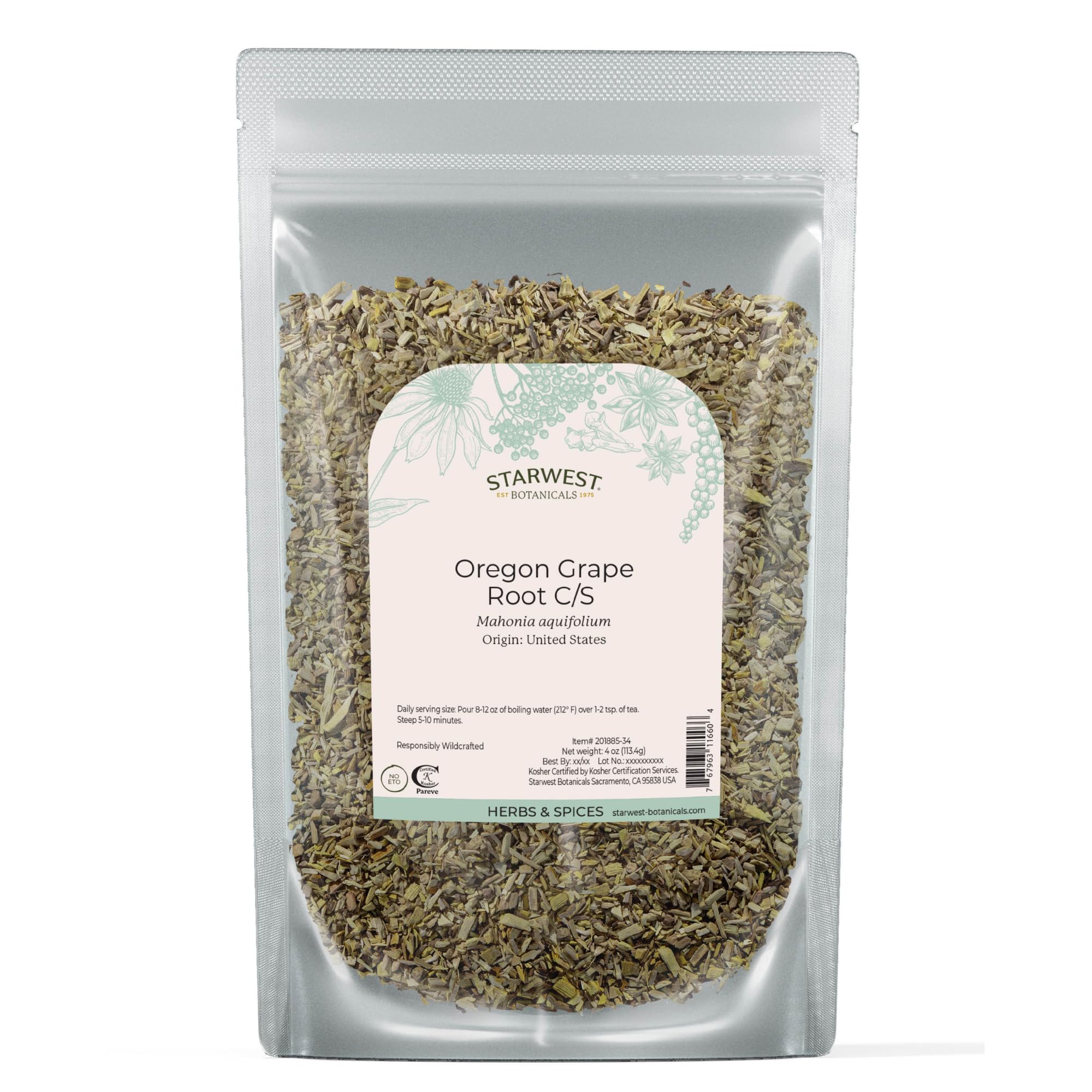 Starwest Oregon Grape Root dried loose herb for tea and tinctures.