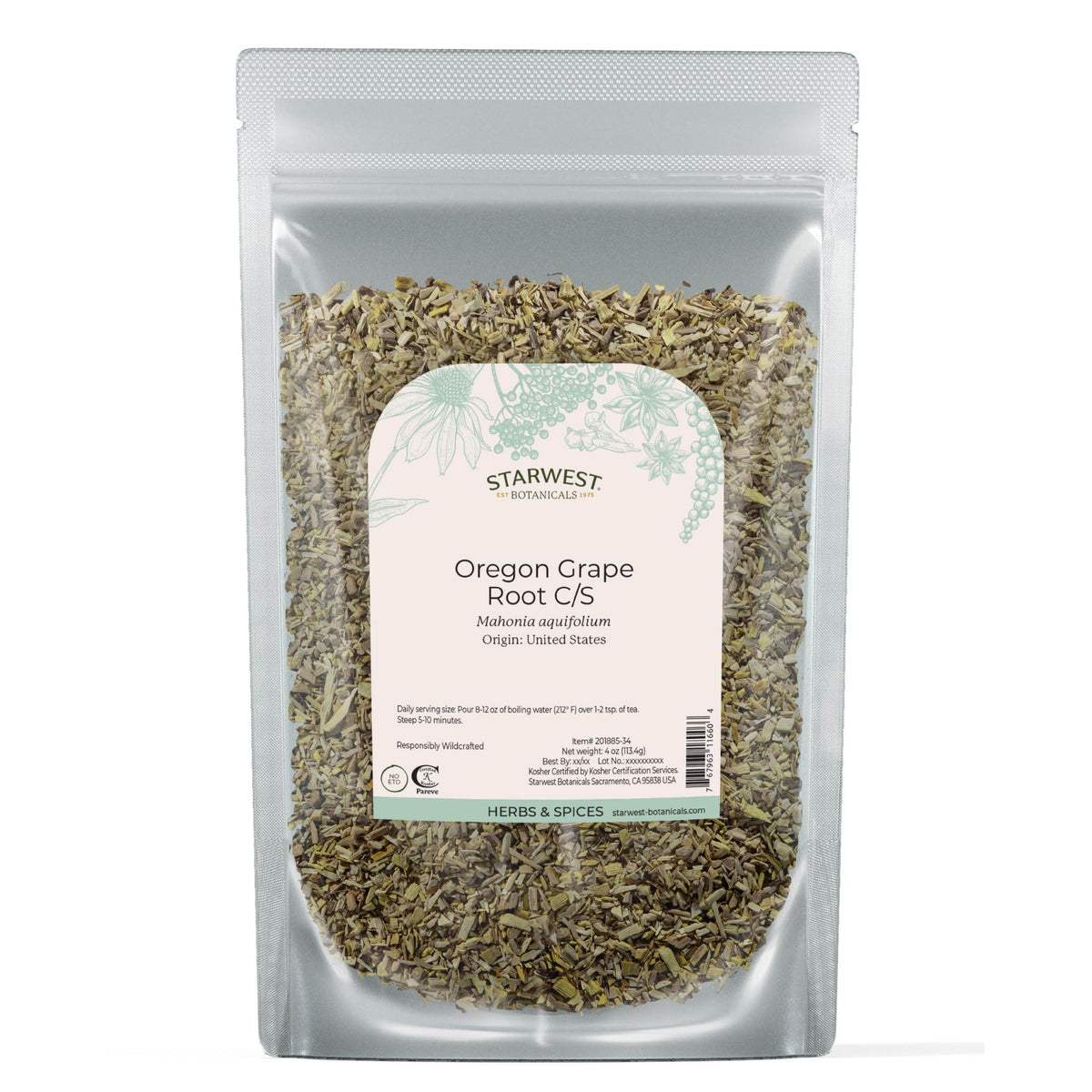 Starwest Oregon Grape Root dried loose herb for tea and tinctures.
