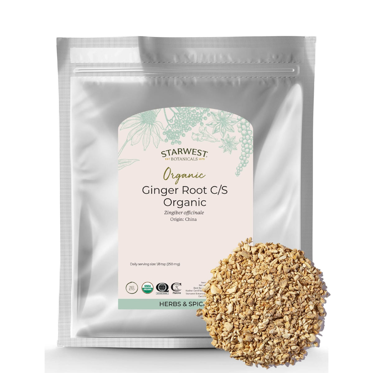 Starwest Botanicals Organic Ginger Root in a 1 lb bag, ideal for tea and cooking