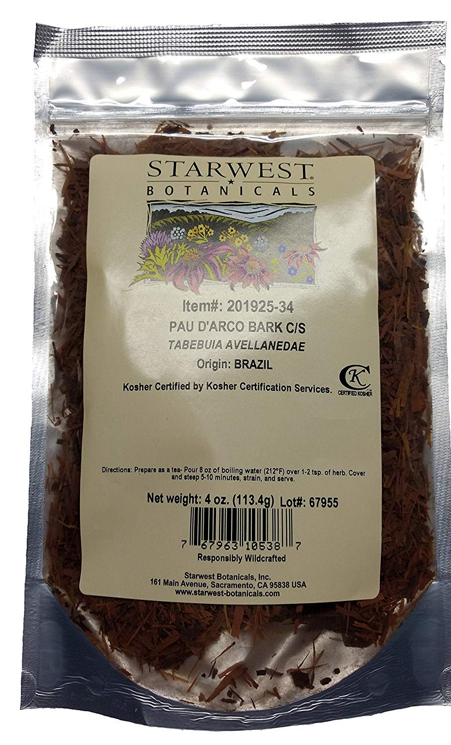 Starwest Pau D'Arco bark CS 4 oz, ideal for tea blends and herbal preparations.