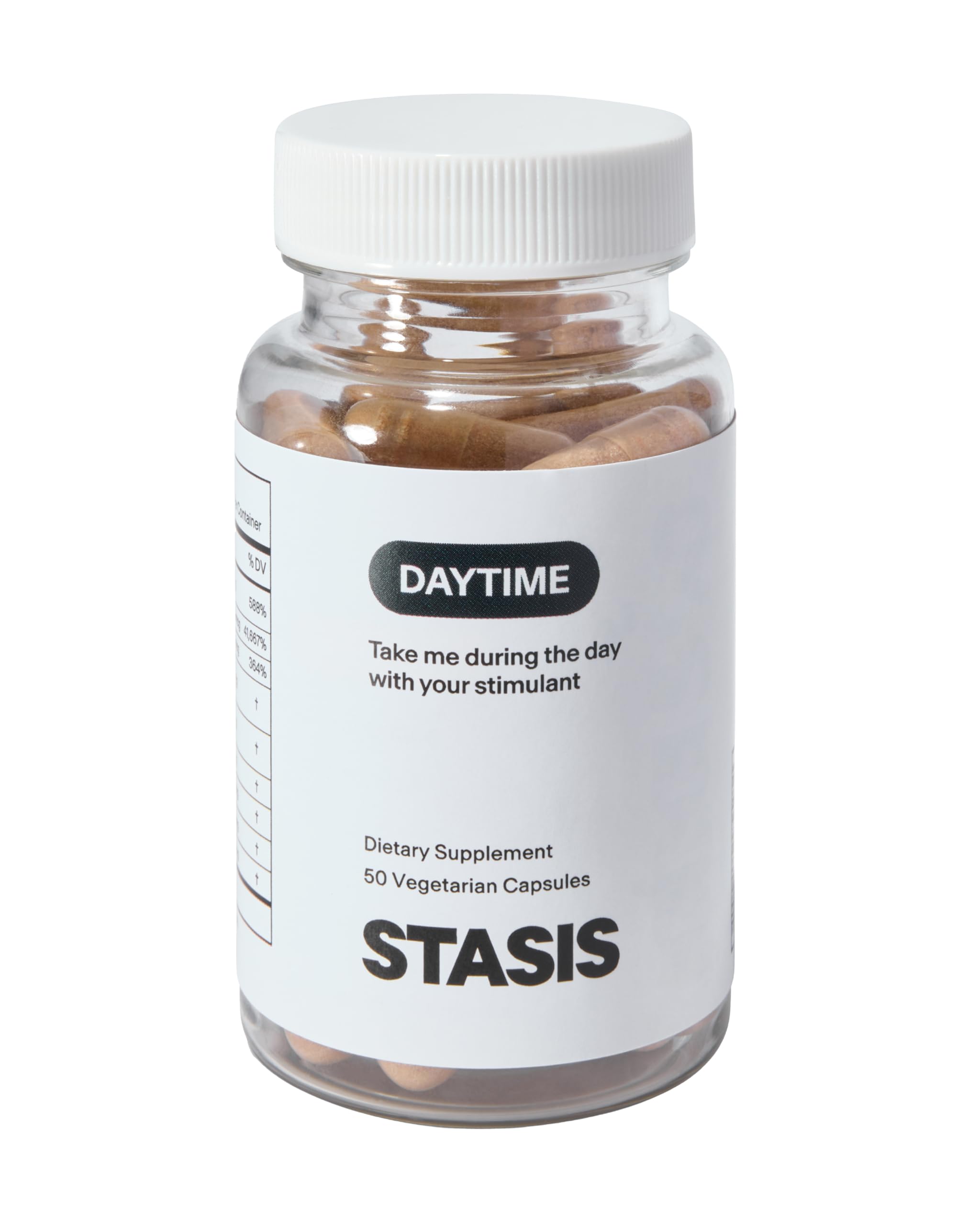 STASIS Daytime bottle-front view showing the energy and focus blend for steady daytime energy.