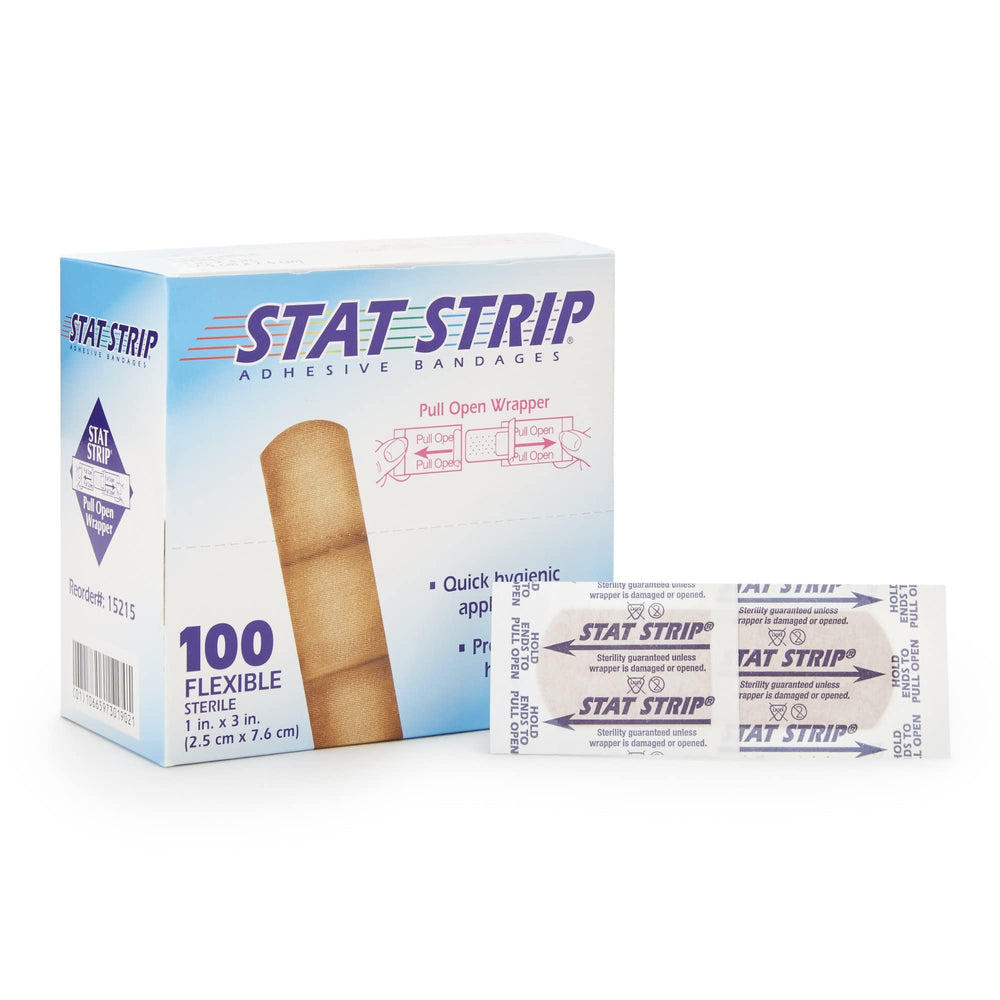 STAT STRIP box front showing 100-count latex-free adhesive bandages