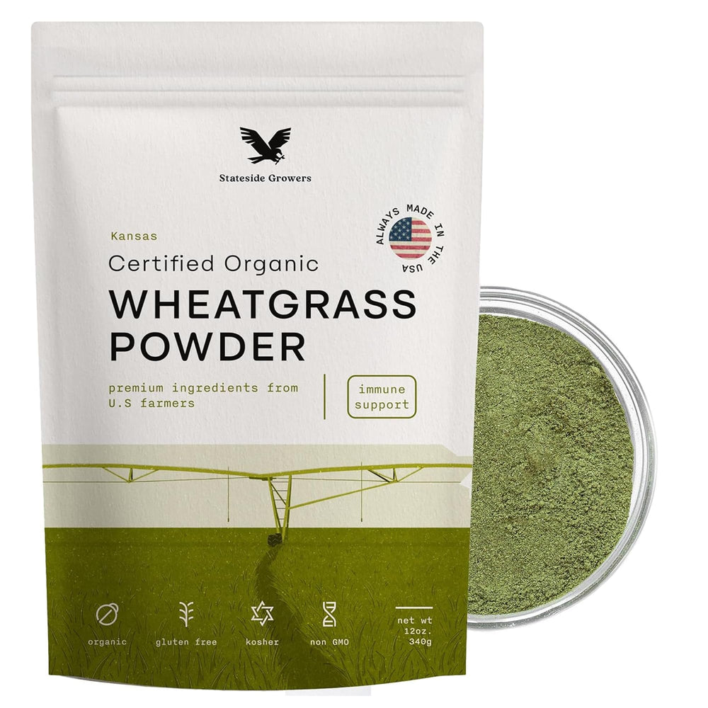 Stateside Growers wheatgrass powder canister shown for daily greens and energy support.