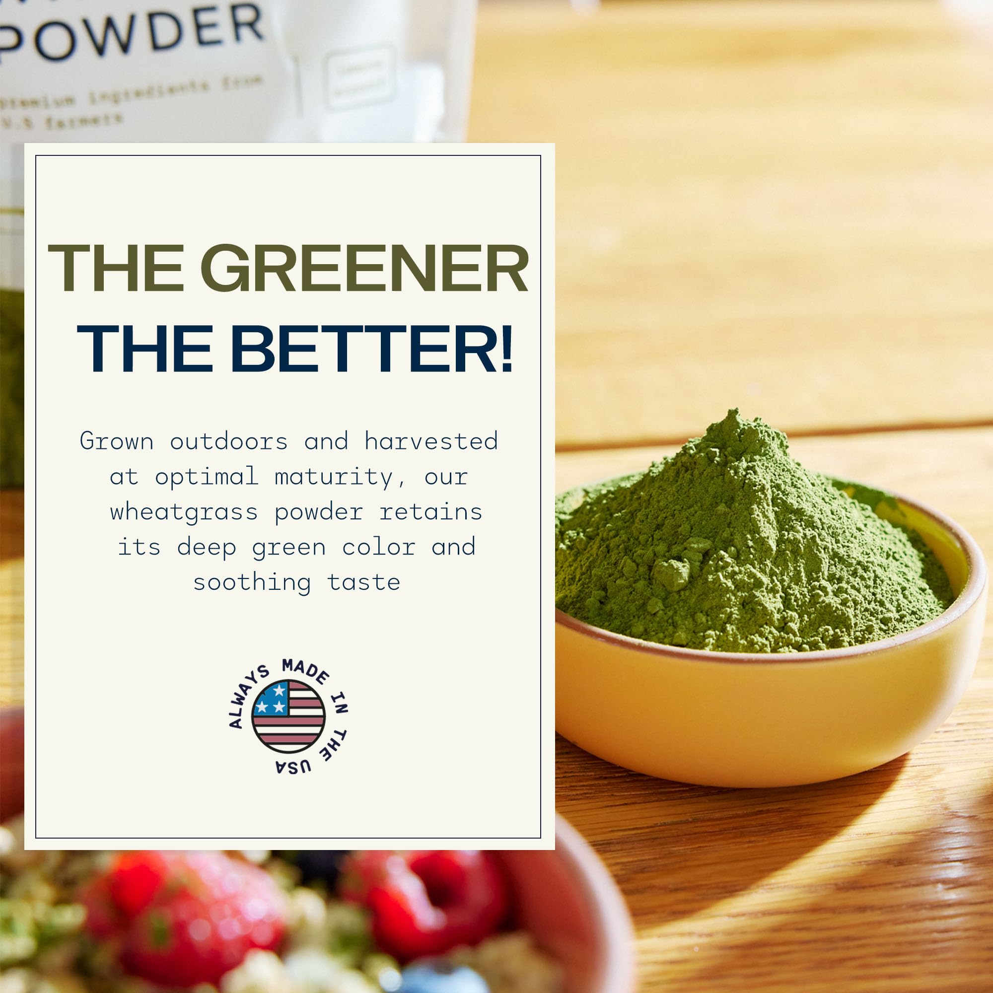 Stateside Growers wheatgrass powder label detail highlighting ingredients.