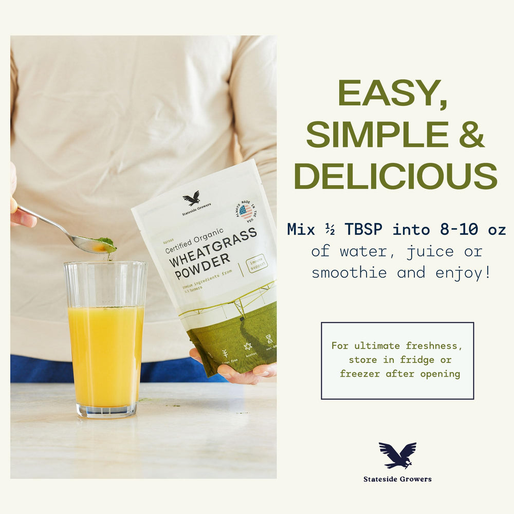 Stateside Growers wheatgrass powder packaging front display of branding.