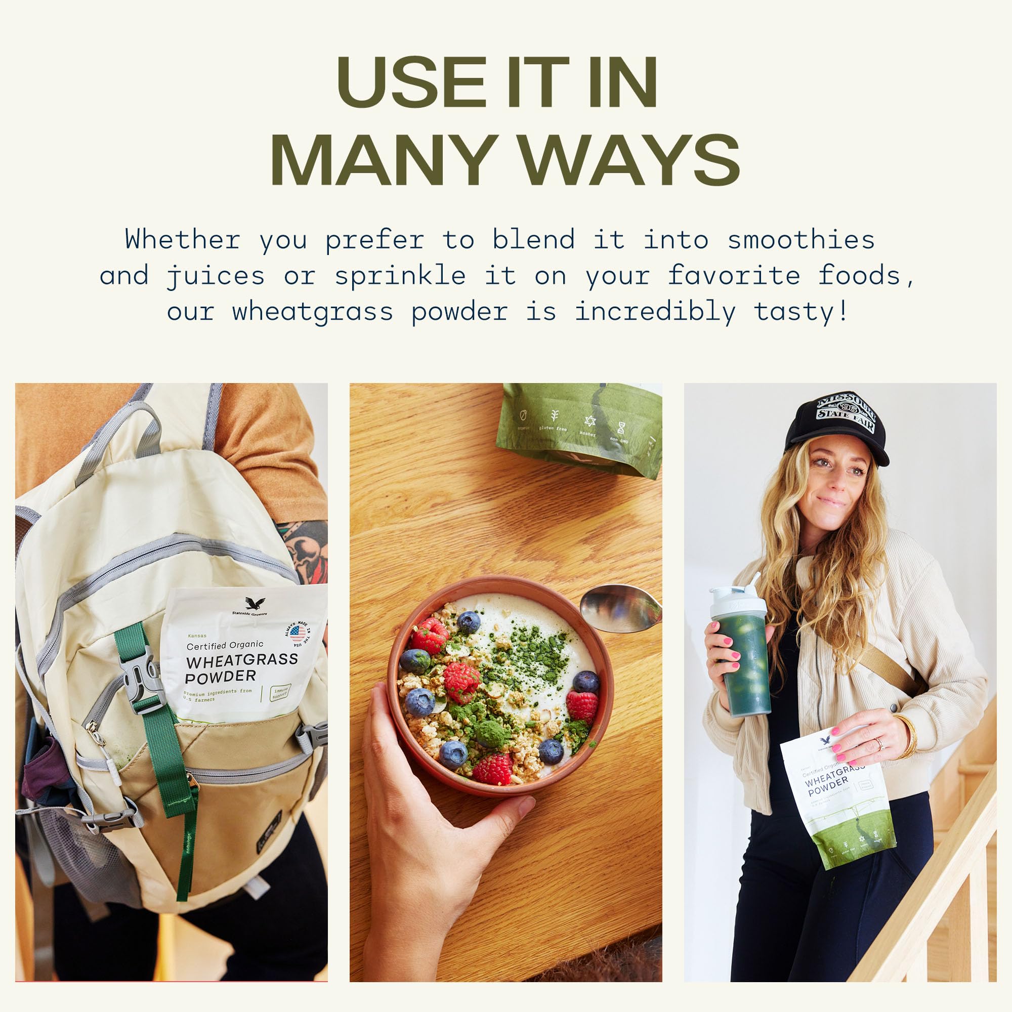 Stateside Growers wheatgrass powder sprinkled on foods adds fiber and vitamins.