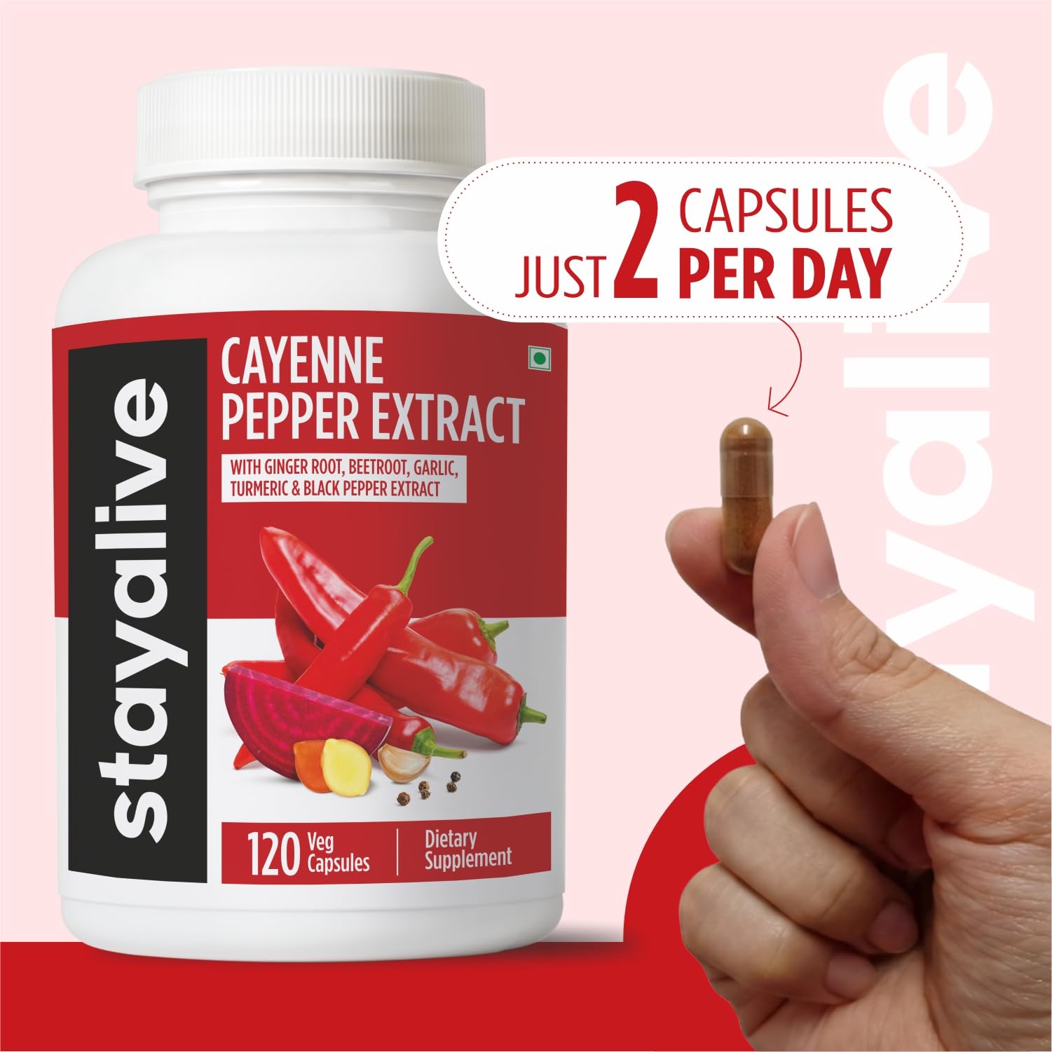 STAY ALIVE Cayenne Capsules GMP-certified packaging emphasizes quality and purity