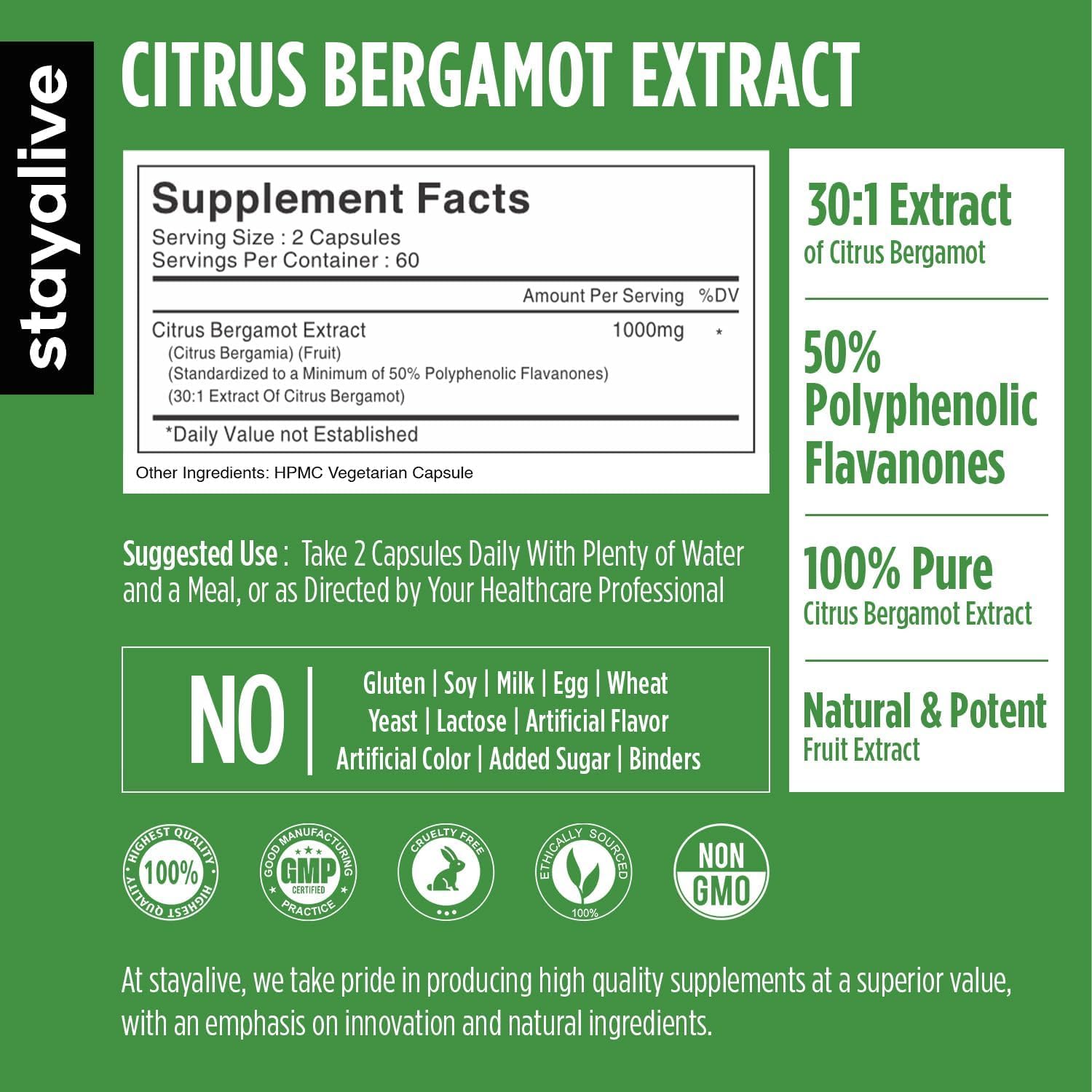 Close-up of Stay Alive Citrus Bergamot capsules highlighting the 30:1 extract