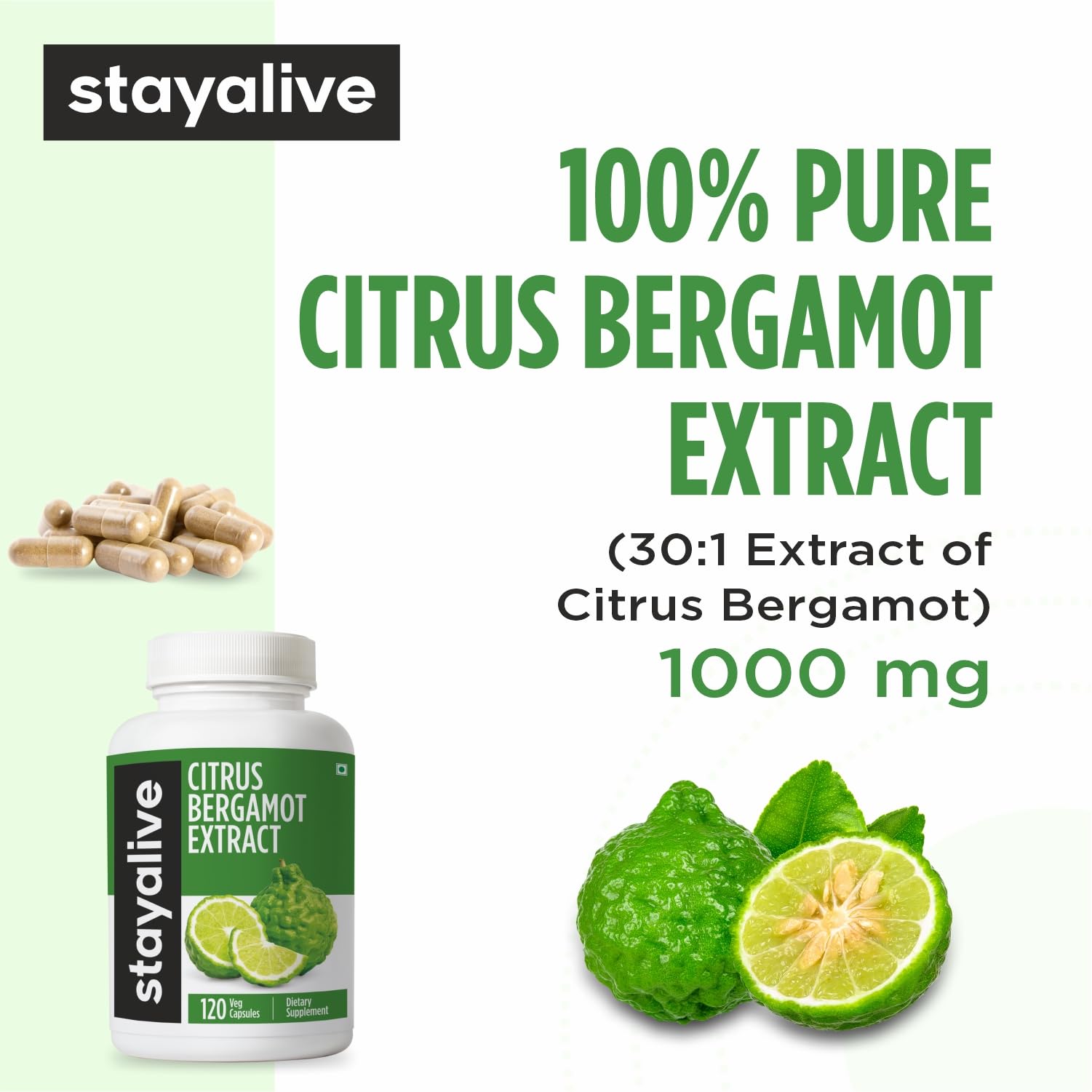 Stay Alive Citrus Bergamot label on bottle showing vegan, non-GMO, gluten-free credentials
