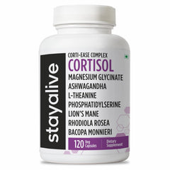 STAY ALIVE Cortisol Manager bottle highlighting the 15-in-1 blend for daily resilience