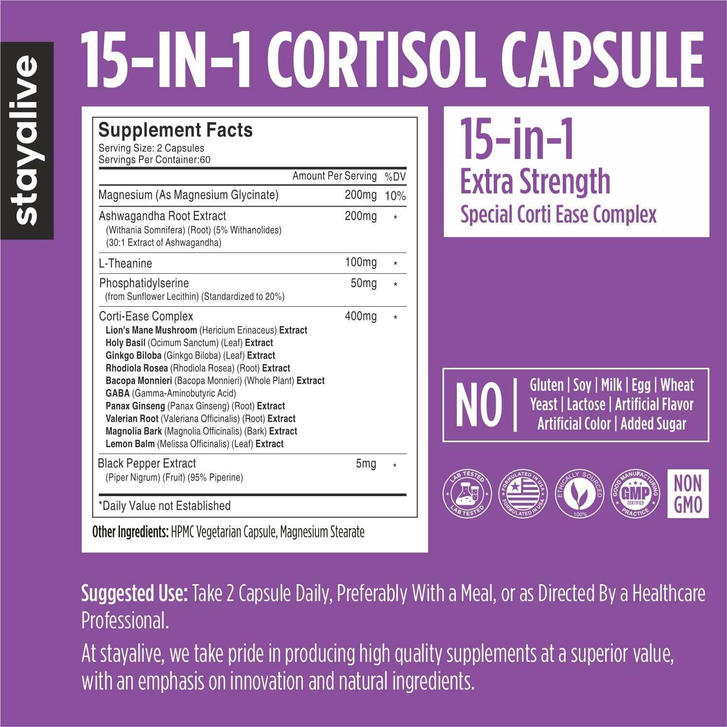 STAY ALIVE Cortisol Manager ingredient blend image emphasizes L-Theanine and Ashwagandha synergy