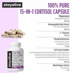 STAY ALIVE Cortisol Manager label shot communicates non-GMO and gluten-free promise