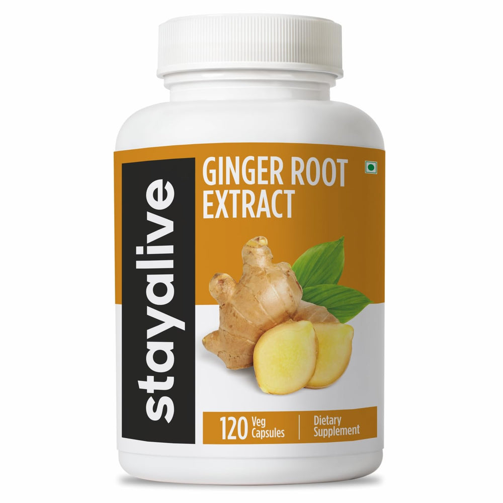 Stay Alive Ginger Capsules bottle front displaying label and 120-count vegan supplement for daily wellness.