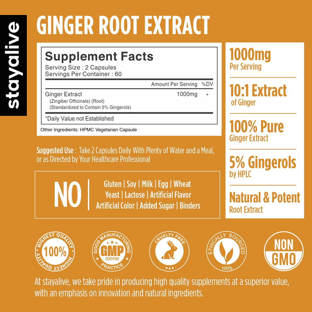 Stay Alive Ginger Capsules bottle pour showing easy-to-swallow daily dose.