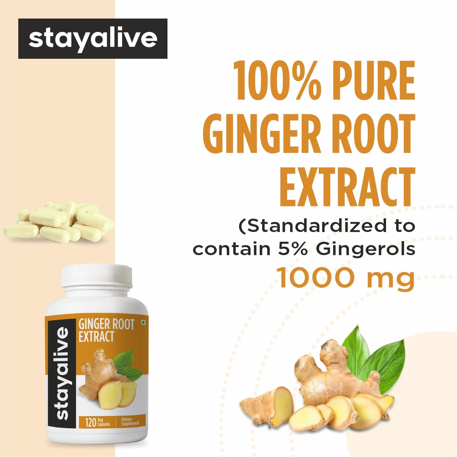 Stay Alive Ginger Capsules capsules close-up highlighting 10 to 1 extract potency.