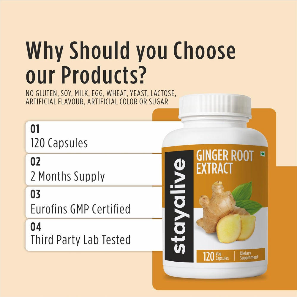 Stay Alive Ginger Capsules vegan symbol indicating gluten-free and non-GMO ingredients.