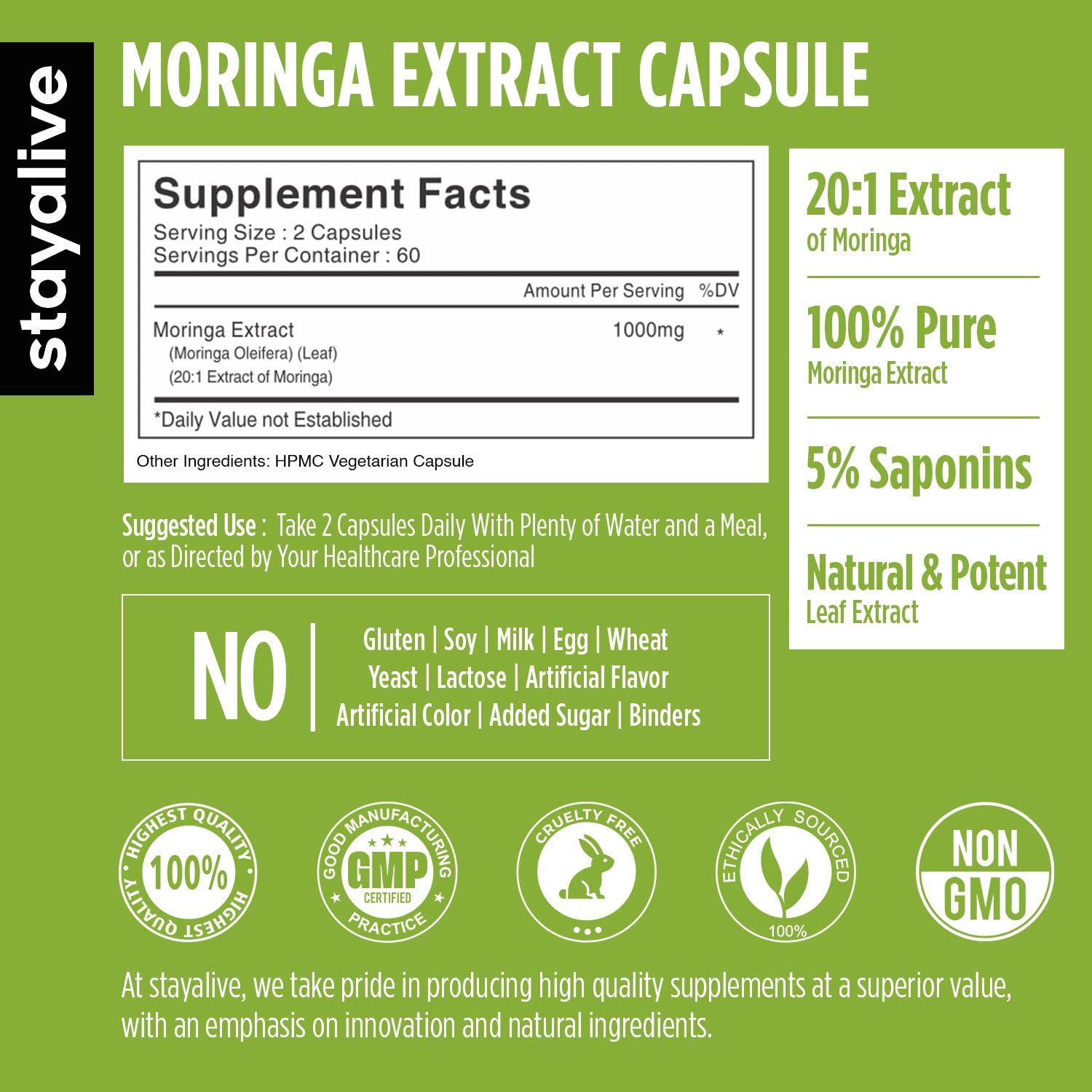 Stay Alive Moringa 20:1 extract capsules highlight potent nutrition.