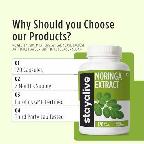 Stay Alive Moringa ingredients panel indicates vegan, non-GMO, gluten-free formulation.