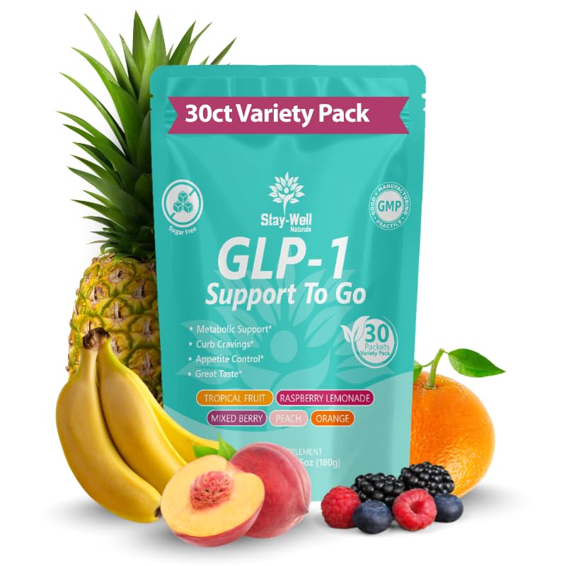 Stay-Well Naturals GLP-1 drink mix bottle on the counter promotes appetite balance