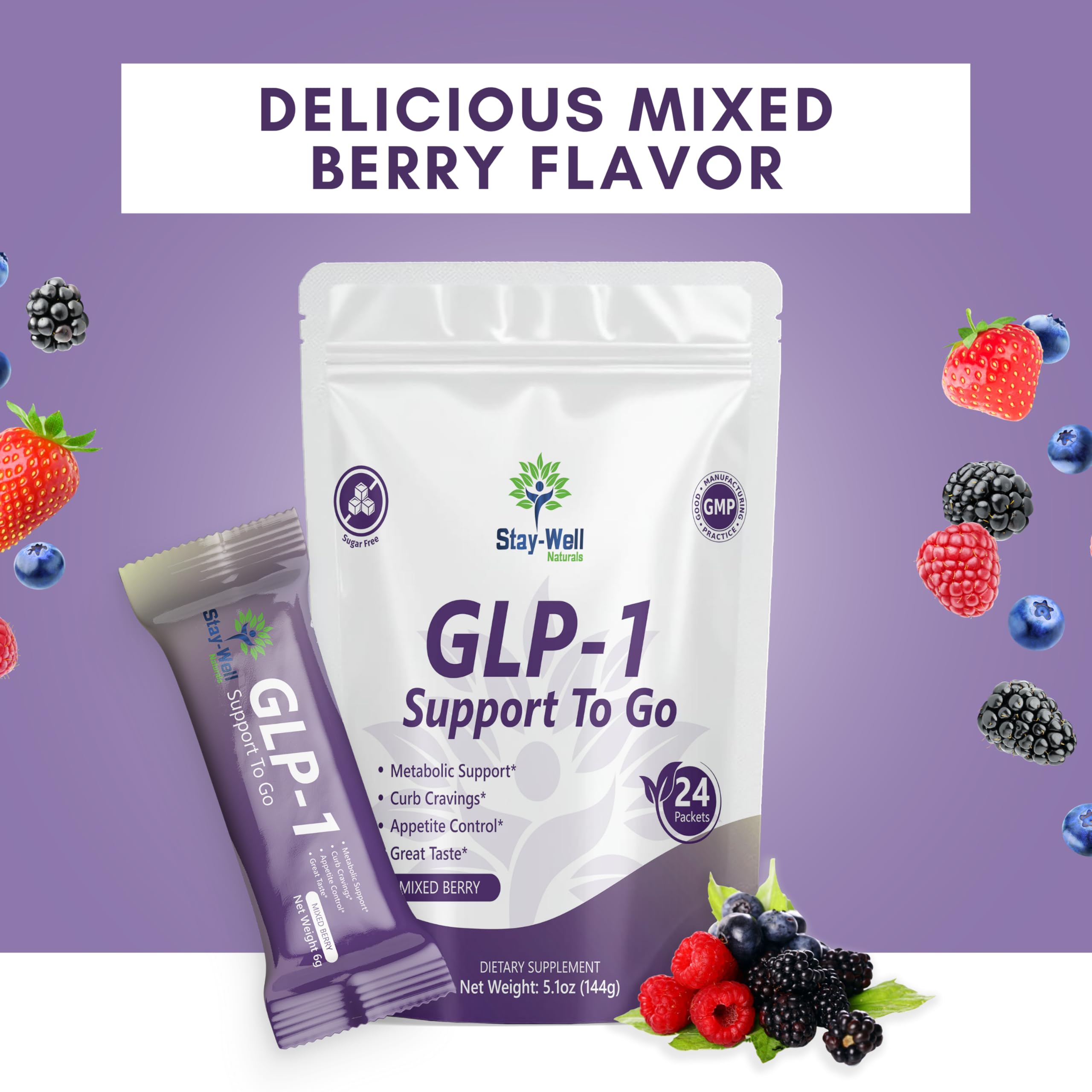 Stay-Well Naturals GLP-1 mixed-berry flavor highlights palatable daily support.
