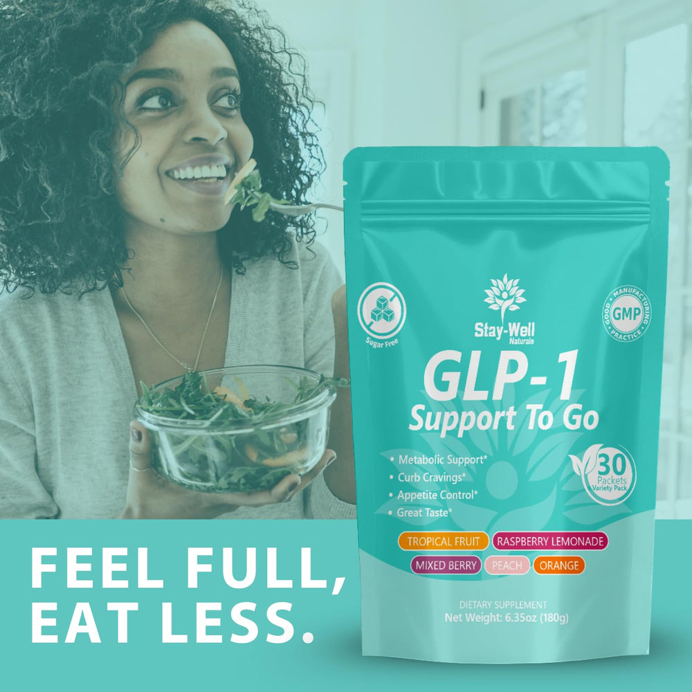 Glass of water beside Stay-Well Naturals GLP-1 mix shows a convenient daily ritual