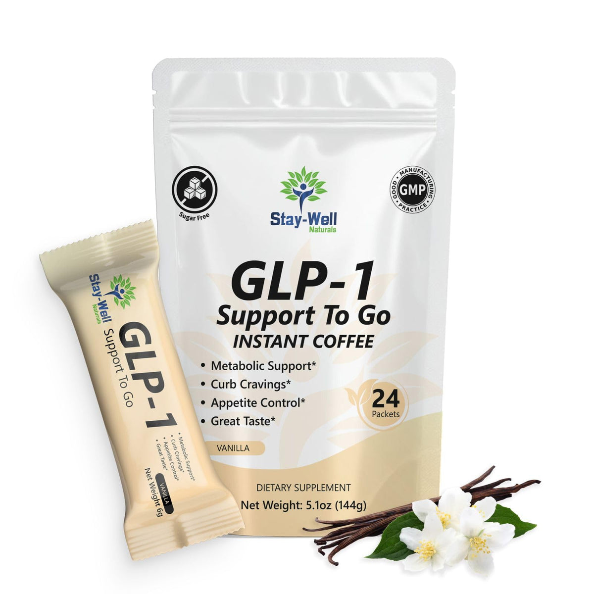 Stay-Well Naturals Slim Coffee GLP-1 Vanilla pack supports daily appetite control.