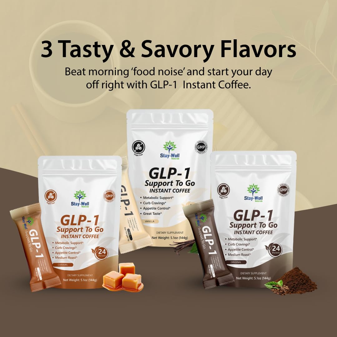 Stay-Well Naturals Slim Coffee GLP-1 caramel flavor cup illustrates pleasant, satisfying beverage options.