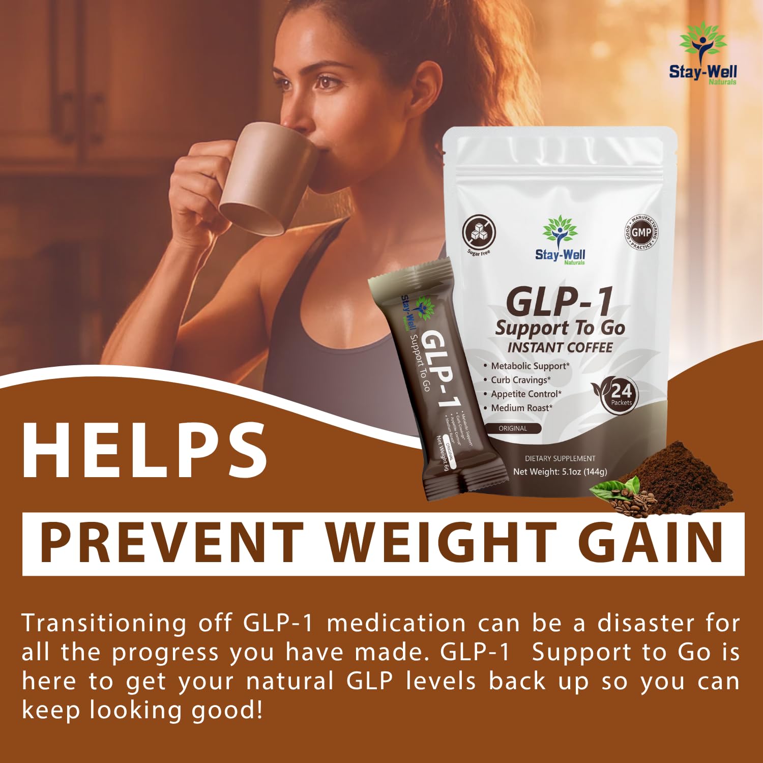 Stay-Well Naturals Slim Coffee GLP-1 cinnamon berberine blend signals sugar-friendly profile.