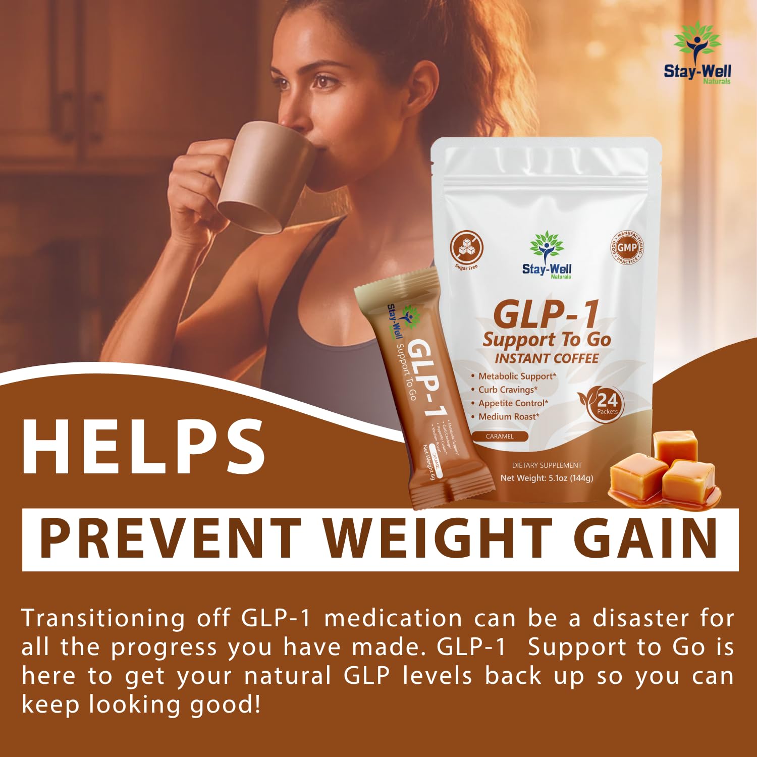 Stay-Well Slim Coffee GLP-1 bottle label closeup shows premium blend.